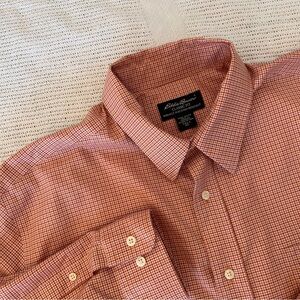 Eddie Bauer Men's XLT Tall Red Orange Checkered Button Down Shirt Stain Wrinkle